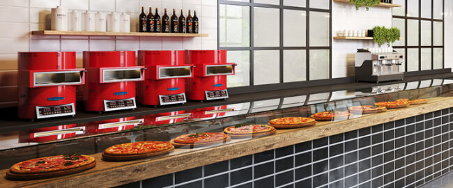 TurboChef Fire pizza ovens on the back counter of a pizza shop