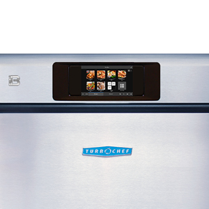 The image showcases a TurboChef i3 Touch, a sleek stainless steel speed oven with a digital control panel displaying cooking options. Featuring a large handle and modern design, its perfect for rapid cook tasks in commercial settings.