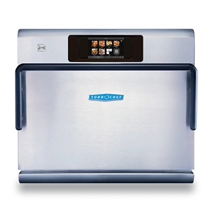The image showcases a TurboChef i3 Touch, a sleek stainless steel speed oven with a digital control panel displaying cooking options. Featuring a large handle and modern design, its perfect for rapid cook tasks in commercial settings.