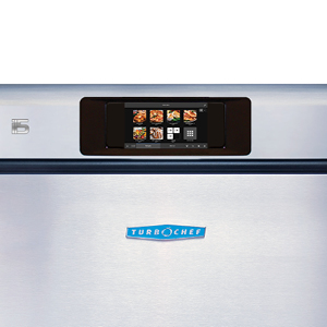 A stainless steel TurboChef i5 commercial oven with a digital display and horizontal handles. This Speed Ovens control panel offers various cooking options for efficient meal prep.