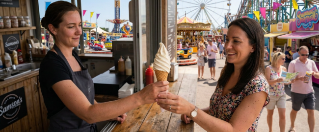 A lady buying a soft serve ice cream at a kiosk in a theme park